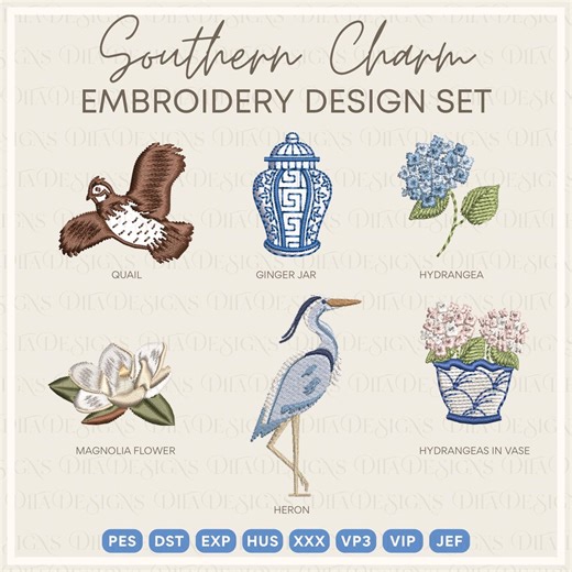 Southern Charm 5 Pack Tiny Machine Embroidery Files- Includes: Hydrangeas, Ginger Jar, Quail, Magnolia - Etsy
