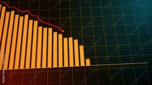 Bar chart plummeting / fall / drop / decreasing over time. Business loss falling down. High tech style animation with detailed animation. 4K resolution with camera animation.