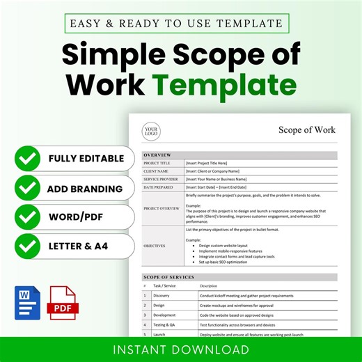 Scope of Work Template – Word & PDF, A4   US Letter - Etsy