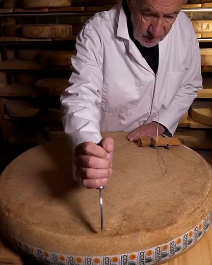 Cheese connoisseur shows how he slices through a giant wheel of cheese 🧀 | FOODbible