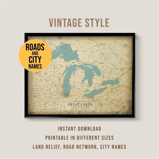 Great Lakes Vintage Style Map, Printable Superior, Erie, Ontario, Huron Lake House Poster (instant Download) - Etsy