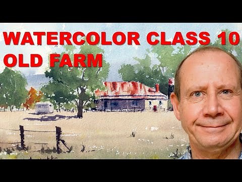 Watercolor painting of farm, trees, cows, mixing greens and rust. Beginner watercolour tutorial
