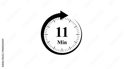 Clock, stopwatch icon. 11 minute time circle icon. steady number and clock time animation. 4k