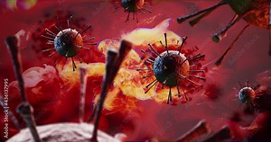 Red biohazard pathogen viruses nucleus on bloodcell fire. Close up animation for SARS Covid, cancer, carcinoma, mucormycosis, microscopic fungus, diseases, illnesses, infections, parasites, bacteria