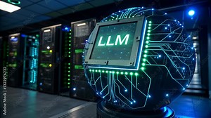 LLM, large language model conceot, Illuminated Spherical Object Showcasing LLM Technology in Data Center with Advanced Servers