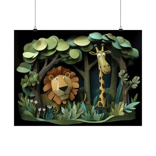 Lion & Giraffe Art Print: Cartoon Animals in Jungle, Paper Cut Style - Etsy