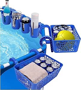 Esjay Poolside Storage Basket and Pool Drink Cup Holders, Above Ground Swimming Pool Accessories, Fit 2.8 inches or Less Round Top Bar(6 Packs)