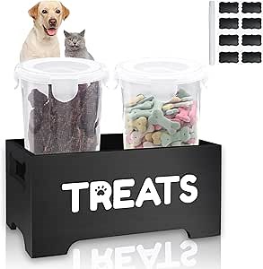 Dog Treat Container - Airtight Food Storage With 2 Jars and Labels, Dispenser for Kitchen, Wood Pet Treat Container, Great Gift for Pet Owners