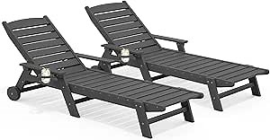 SERWALL Patio Chaise Lounge Chair Set of 2, 78'' Long 5-Positions Adjustable HDPE Outdoor Lounger for Pool, Poly Lounge Chair with Rolling Wheels & Cup Holder for Poolside, Deck, Slate Gray