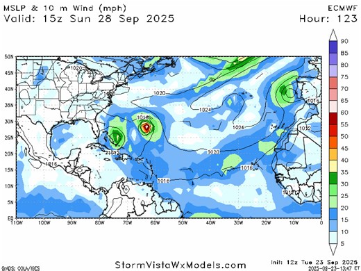 While #Gabrielle is now heading eastward out to sea...two other areas in the Atlantic we are keeping our eye on for likely tropical development over the next week. While the farther east system is likely an out to sea...the western system is modeled concerningly close to the East Coast (EURO shown below) with it's interactions with the eastern storm, and an upper trough/surface high feature impacting it's steering flow. So many factors means at the 7-10 day forecast range keep confidence low, bu