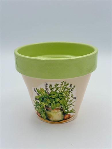 Decoupage Flower Pot-4" Kitchen Garden Themed Planter Pot in Celery Green With Matching Saucer
