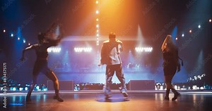 Pop Concert with a Lively Atmosphere: Young Talented Musician Performing a Show on Stage in Front of an Excited Audience of Fans and Music Lovers. Diverse People Watching a Dynamic Show