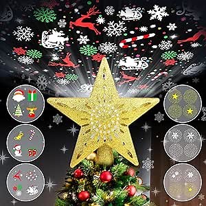 Christmas Tree Topper Projector Lights with 6 Projection Modes, Gold Star Christmas Tree Topper with Built-in LED Projector, Dynamic Projection for Christmas Party Holiday Decoration