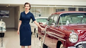 Elegant woman in vintage dress interacting with classic red car in retro car showroom - for automotive and fashion promotions