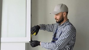 Master installer in overalls installing or adjusting pvc windows in office or apartment. Maintenance service