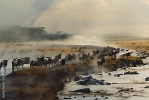 AI-generated scene of wildebeest herd crossing misty river. Wildlife and nature in harmony. Generative AI