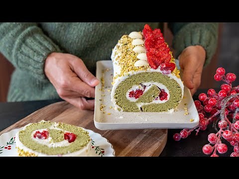 Yule log recipe with a very soft sponge cake that doesn't break, pistachio, raspberry and white c...