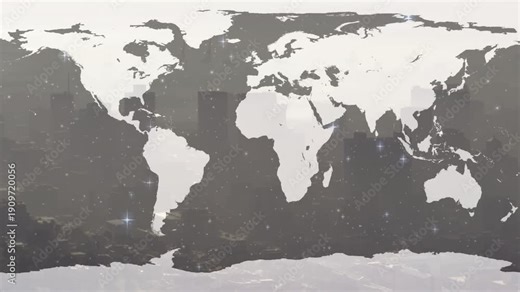 Equirectangular map showing dots appearing, drifting then peaking with flares, showing global hubs