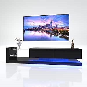LUSPAZ TV Console with Storage Cabinets, Full RGB Color 31 Modes Changing Lights Remote RGB LED TV Stand, Modern Entertainment Center (Black, for 75 inches TV)