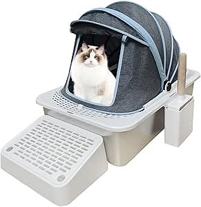 Stainless Steel Litter Box with Lid Enclosed Cat Litter Boxes XL Extra Large Litter Boxes High Sides Covered Litter Box for Big Cats with Footboard & Litter Scoop