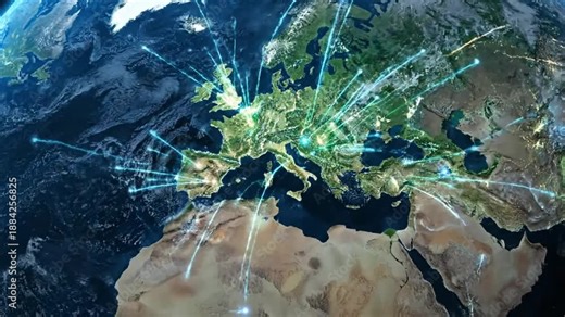 Global communication network in Europe visualized through a rotating digital Earth surrounded by space stars