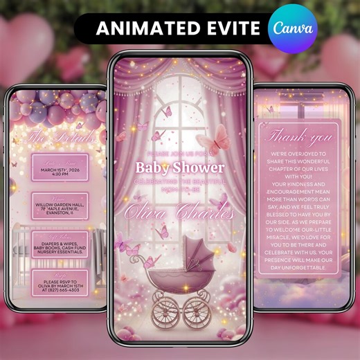 Pink Butterfly Theme Baby Shower Invitation, Animated Digital Template, Baby Girl Video Evite, Party Digital Video Invitation, DIY in Canva - Etsy