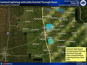 [9:34 am - 3/14/25] Isolated, high-based storms are developing this morning, rapidly moving northeastward. Expect little rainfall for the most part with some potential for cloud-to-ground lightning to locally ignite fires. Report fires immediately to local officials today. | US National Weather Service Tulsa Oklahoma