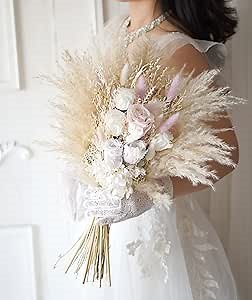 White& Cream Pink Preserved Rose Wedding Bouquet,Boho Wedding Bouquet,Pampas Grass Bouquet,Dried Flowers Bouquet,Bridal Bouquet 12-14 inches (wp C)