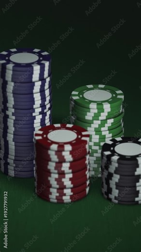 camera zoom on stacks of chips or fiches on a green table, vertical video (3d render)
