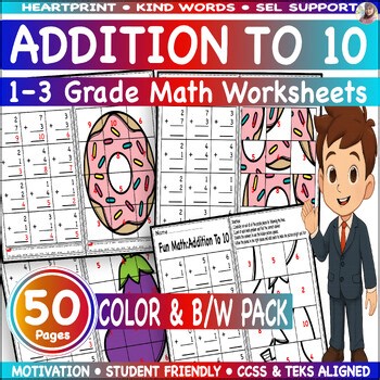 Math Facts Fluency Timed Tests - Addition 10, 1 - 3 Grade | Picture Math Games
