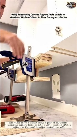 Using Telescoping Cabinet Support Jacks to Hold an Overhead Kitchen Cabinet in Place During