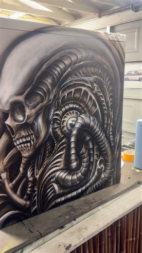Ryan Templeton on Instagram: "Just plugging away on a file cabinet!!lol biomechanical @giger_art vibe! Almost finished with this👍🏻😎#blastedbyryno #custompaint #rynoblackops #iwata #anestiwata #fbstape #rynoblackops"