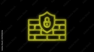 Cybersecurity Firewall Protection Neon Icon 4K Animated Linear Symbol Icon Video Background on Black Screen