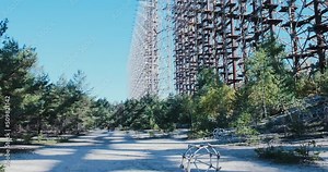 Duga two, military radar in Chernobyl, cold war, secret object, large radar for tracking the launch of intercontinental missiles. Russian woodpecker, legacy of the USSR.