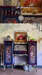 🌟Comment ALICE for LINK! Check out this stunning whimsical Wonderland piece by @leahnoelldesignco ! The new Wonderland collection looks absolutely perfect on this vintage piece, featuring a dramatic blend of purple stripes and harlequin. And those adorable little mushroom and checkered knobs add the perfect finishing touch! It's a true celebration of creativity and charm! 💜✨ ✨ Here's how @leahnoelldesignco created the Wonderland piece! ✨ -Used frame moulds to position wonderland elements on th