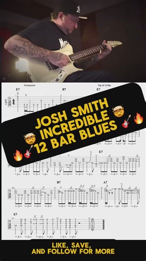 Jim Maguire on Instagram: "Josh Smith @joshsmithguitarzan lays down a 12-bar blues in E that’s absolutely loaded with double stops and killer phrasing. No band, no backing—just pure blues, straight from the soul. I’ve transcribed the whole thing so you can break down every lick, bend, and double stop. If you’re looking to add some of Josh’s signature feel to your own playing, this is a great one to study. 📥 PDF & Guitar Pro files available—DM for details! Who’s your favorite modern blues