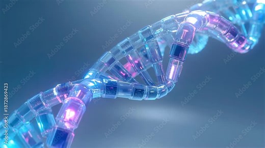 Glowing Blue Pink DNA Double Helix Strand with Illuminated Base Pairs Molecular Structure Visualization