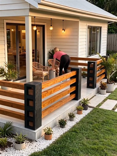 From Simple Blocks to a Beautiful Modern Fence! 🧱🪵😍 #tiktokgrowthchallenge #DIYFence #FenceBuild #ConcreteBlockFence #DIYProjects