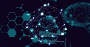 Animation of network of connections with human brain and data processing. global science, networks and connections digital interface concept digitally generated video.