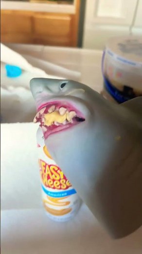 Shark puppet eats easy cheese, American cheese
