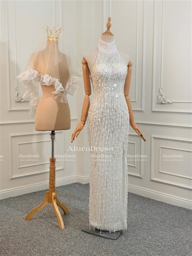 Beaded Halter Neck Wedding Dress, Sparkly Bridal Gown, Sexy Backless Mini Wedding Dress, Handmade Luxury Bride Outfit. - Etsy
