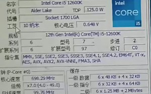 INTEL CORE I5 12600K处理器默频状态下性能参数和CPU-Z测试得分！感谢粉丝“ ___落尘o”提供测试视频！