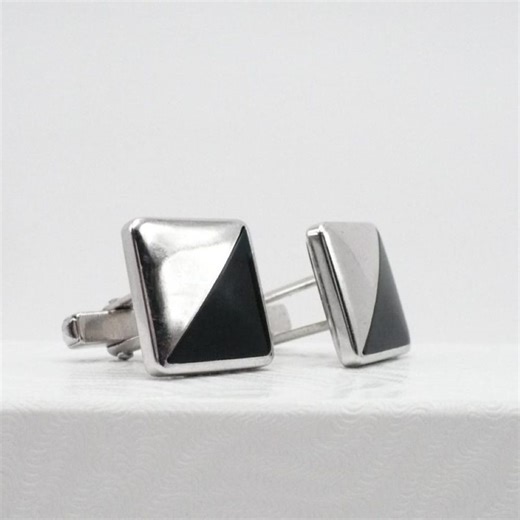 Midnight Cut Cufflinks by Anson, 1950s Men's Jewelry Black and Silver Tone, Mid Century Geometric Cuff Links, Get Lucky Vintage - Etsy