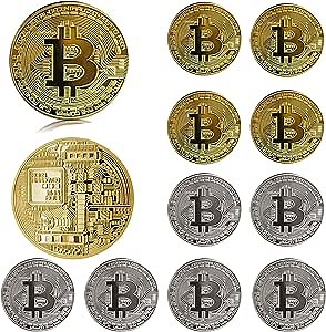 12PCS Pure Gold Color Physical Bitcoin Coin Collectable Gift，Cryptocurrency Coin，Suitable for Pre-Kindergarten Toy，Home deocr(Gold&Sliver)