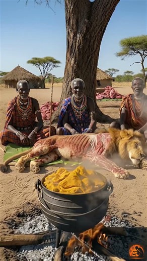 Tribesman Butcher and Cook Giant Lion Feast🦁| AI Tribal Kitchen #triballife #tribalfood