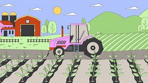 Tractor riding through farmland fields cartoon animation. Countryside farmland with potatoes crops outdoors 4K motion graphic. Agricultural transport 2D animated scene on farmland background