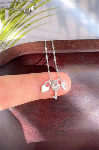 Tiny Key Heart Lock CZ Stone 3 Dangle Charms Pendant Necklace: Silver Cubic Zirconia - Etsy