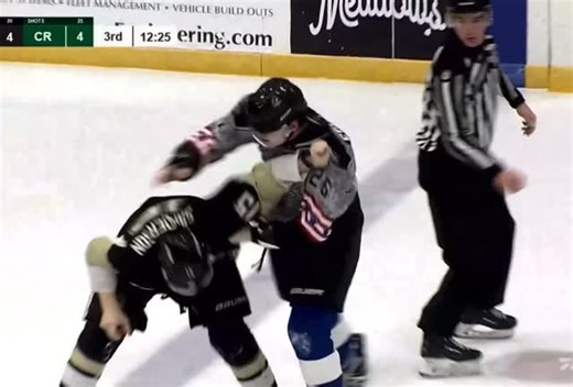 Dropem USHL on Instagram: "Fight 35 - 11.22.25 Carter Sanderson v. Joseph Fenton Muskegon Lumberjacks v. Cedar Rapids RoughRiders #hockey #hockeyfights #ushl #ushlfights"