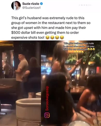 SOROSOKE GOSSIP on Instagram: "This girl’s husband was extremely rude to this group of women in the restaurant next to them so she got upset with him and made him pay their $500 dollar bill even getting them to order expensive shots too! 😂😂😂😂"