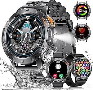 Military Smart Watches for Men with LED Flashlight,3 Straps,1,43'' AMOLED Smartwatch for Men with 530mAh Battery,5ATM Waterproof Fitness Tracker Smart Watch with Answer/Make Call iOS Android